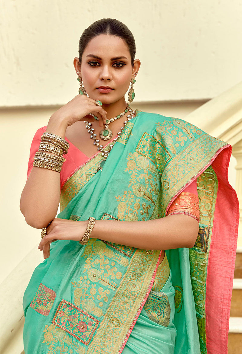 Sea Green Silk Blend Saree with Weaving and Swarovski