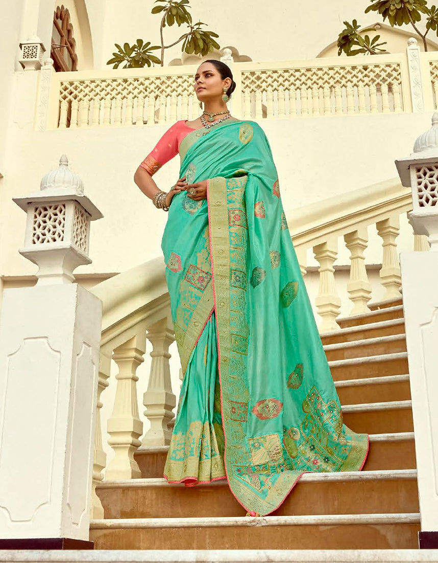 Sea Green Silk Blend Saree with Weaving and Swarovski