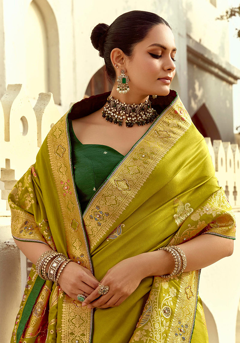 Olive Green Silk Blend Traditional Saree with Swarovski Details