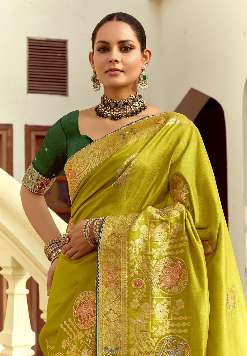 Olive Green Silk Blend Traditional Saree with Swarovski Details