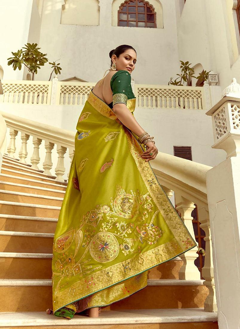 Olive Green Silk Blend Traditional Saree with Swarovski Details