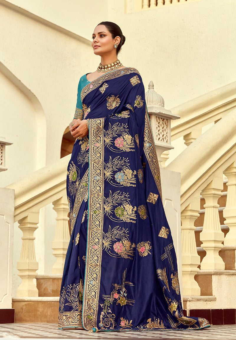 Elegant Navy Blue silk blend traditional saree with Swarovski embellishments and intricate weaving