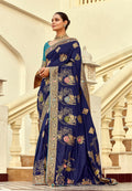 Elegant Navy Blue silk blend traditional saree with Swarovski embellishments and intricate weaving