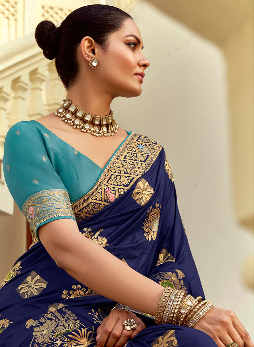 Navy Blue Silk Blend Traditional Saree with Swarovski Embellishments