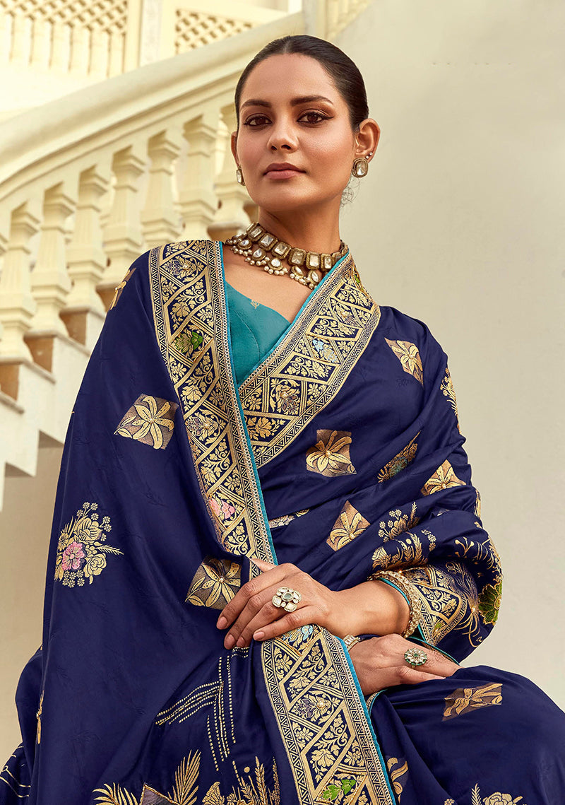 Navy Blue Silk Blend Traditional Saree with Swarovski Embellishments