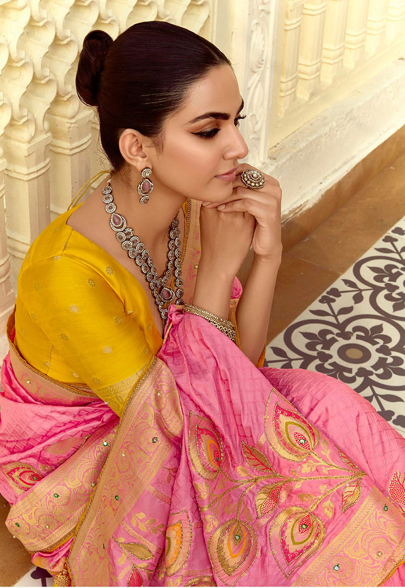 Pink Silk Blend Traditional Saree with Swarovski Embellishments
