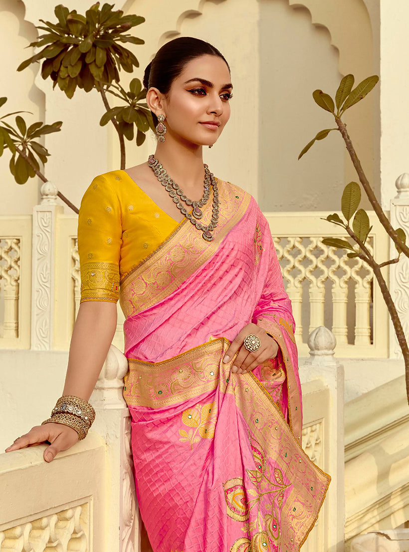 Pink Silk Blend Traditional Saree with Swarovski Embellishments