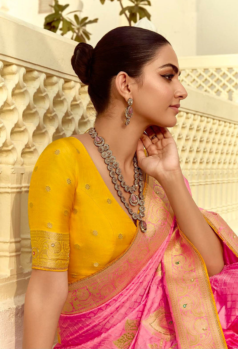 Pink Silk Blend Traditional Saree with Swarovski Embellishments