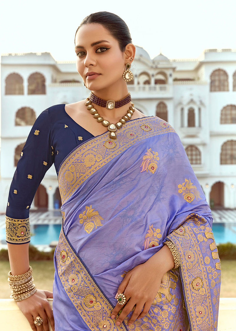 Lavender Silk Blend Traditional Saree with Swarovski Detailing