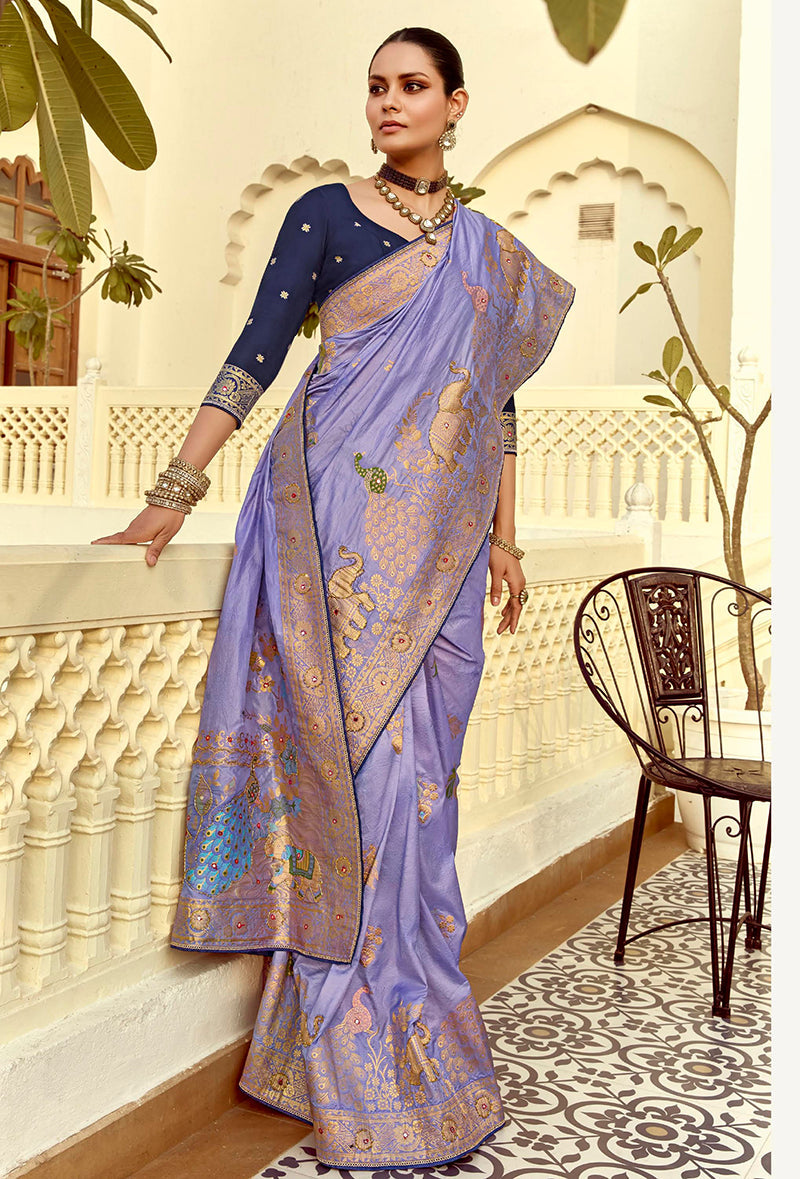 Lavender Silk Blend Traditional Saree with Swarovski Detailing