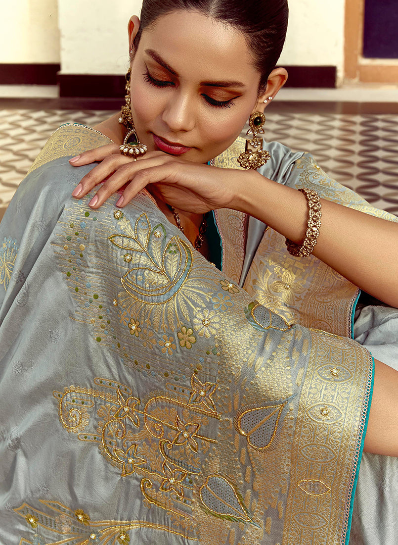 Light Grey Silk Blend Saree with Weaving and Swarovski