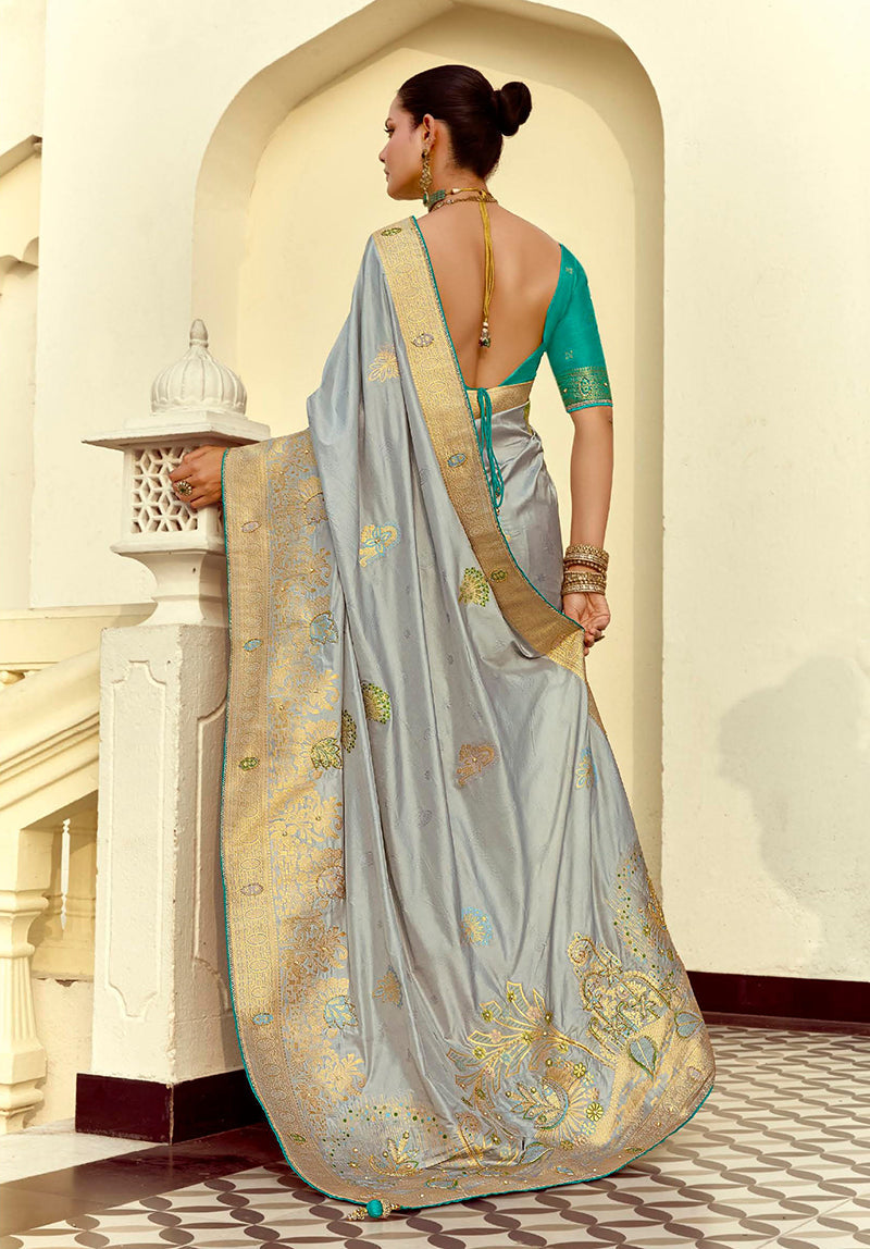 Light Grey Silk Blend Saree with Weaving and Swarovski