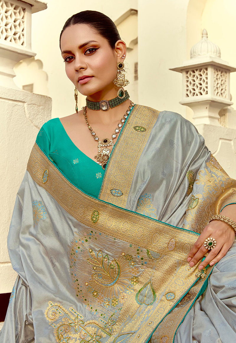 Light Grey Silk Blend Saree with Weaving and Swarovski