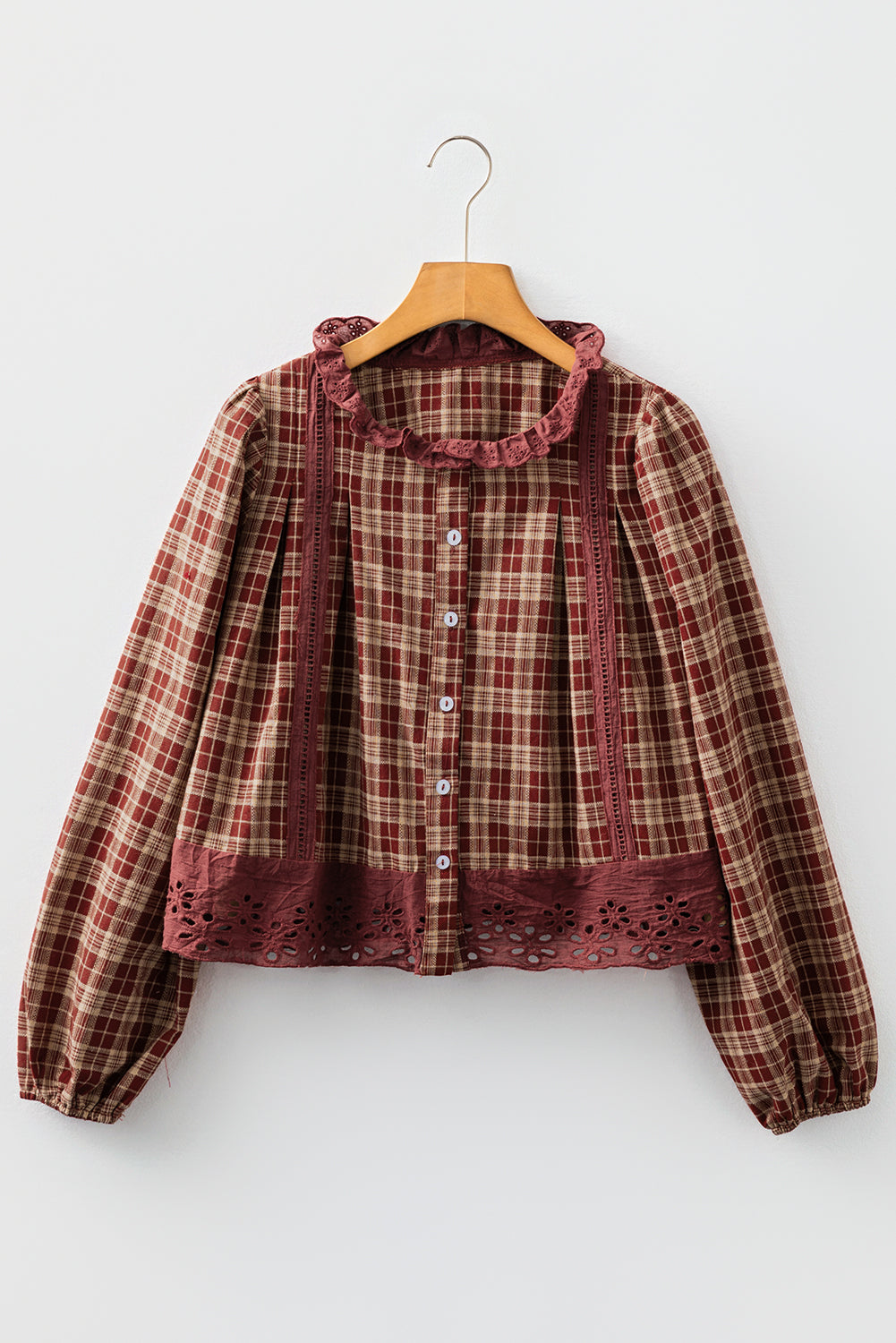Red Dahlia Plaid Eyelet Lace Trim Button Down Shirt