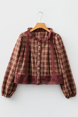 Plaid Eyelet Lace Trim Buttoned Long Sleeve Shirt