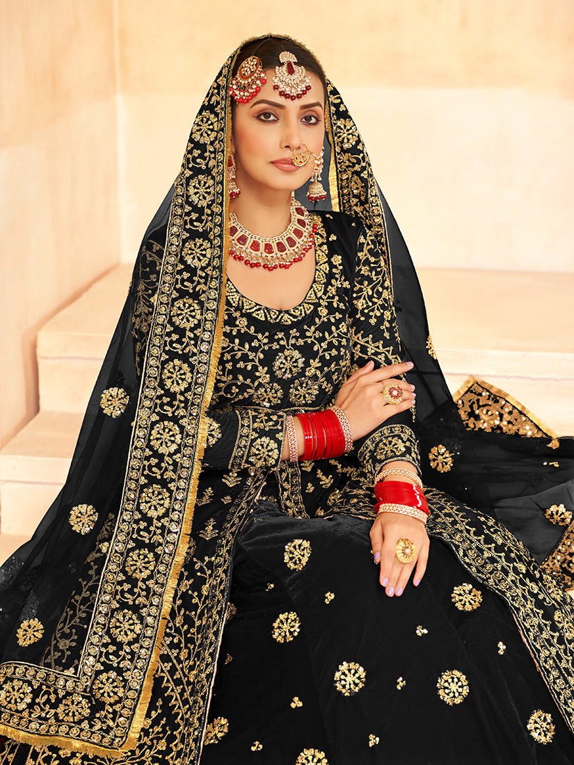 Black Embroidered Velvet Lehenga Choli for Wedding and Festive Wear