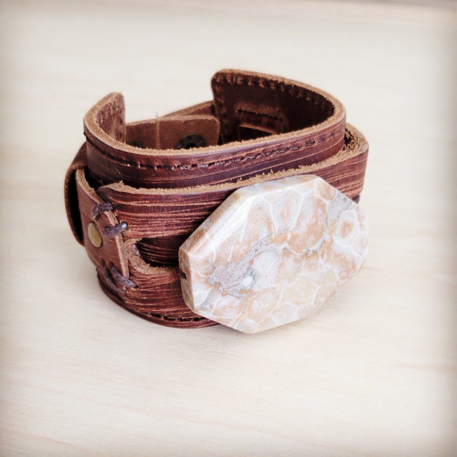 Fossil Corral Stone Wide Leather Cuff Bracelet with Snap Closure - Image 3