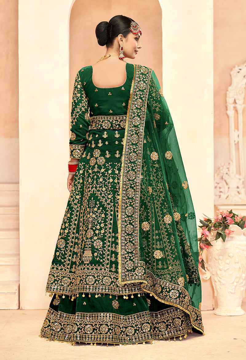 Green Velvet Embroidered Lehenga Choli Designer Party Wear