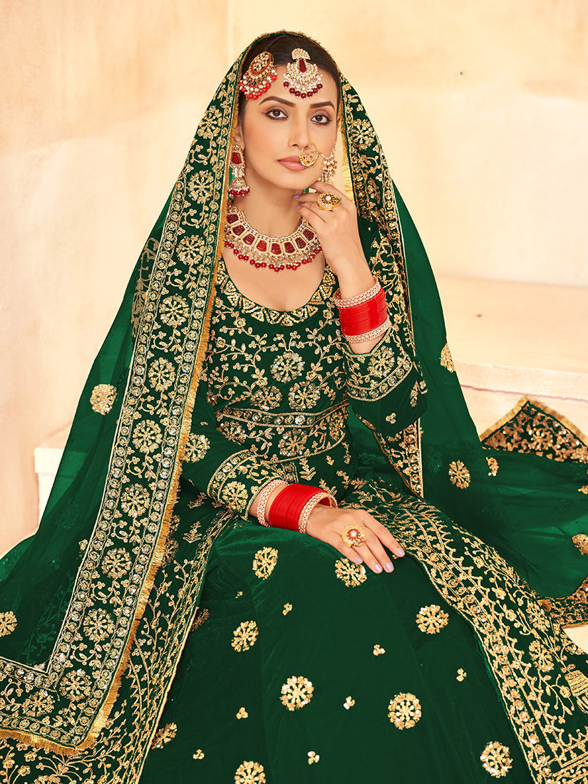 Green Velvet Embroidered Lehenga Choli Designer Party Wear