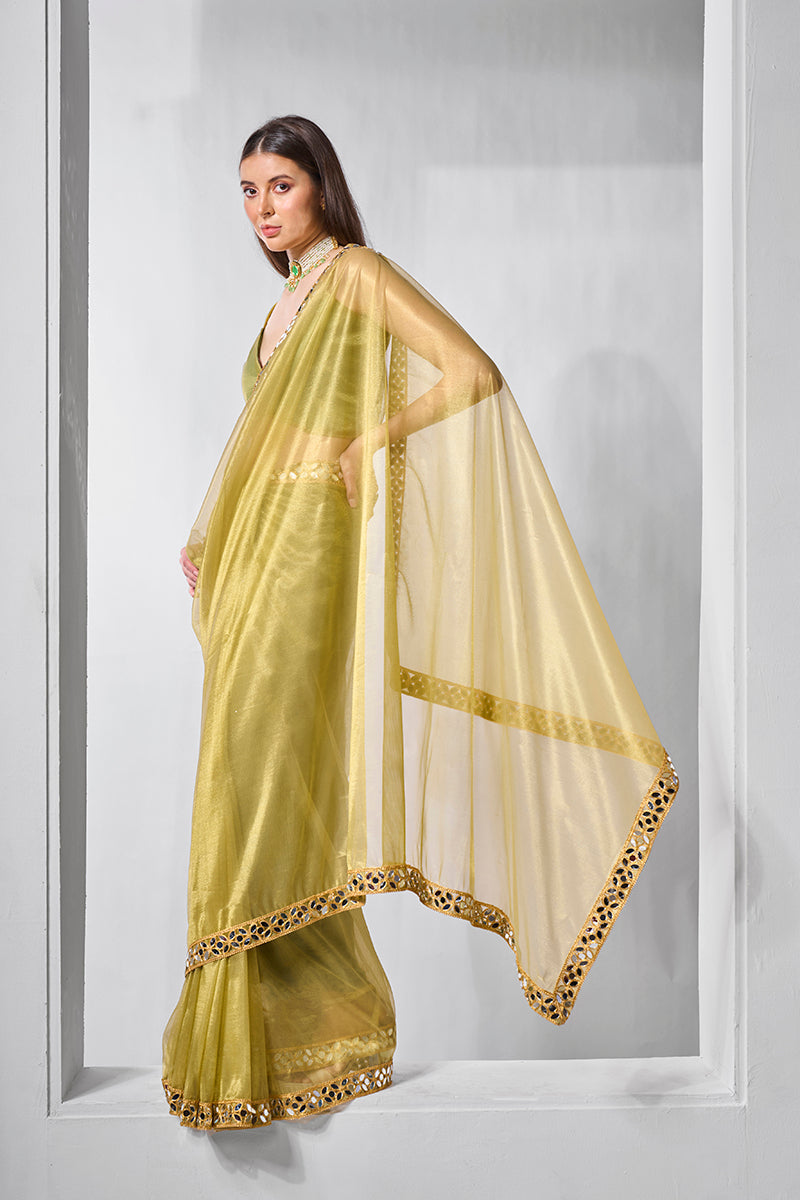 Olive Green Gold Tissue Net Fancy Party Wear Saree