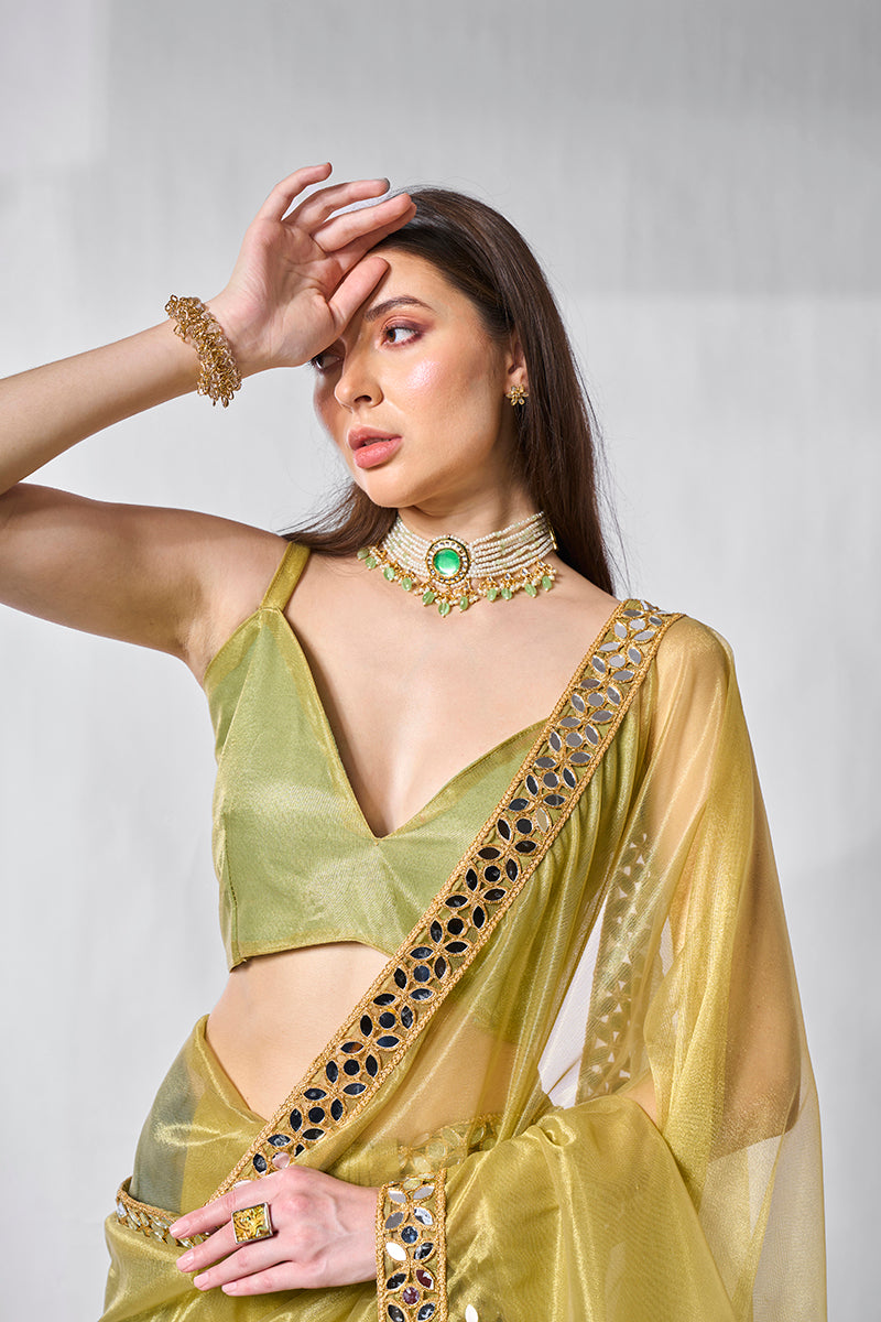 Olive Green Gold Tissue Net Fancy Party Wear Saree