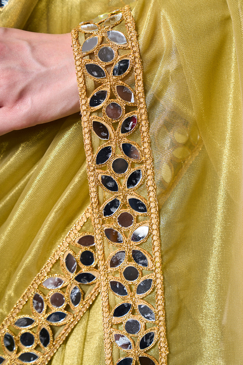 Olive Green Gold Tissue Net Fancy Party Wear Saree