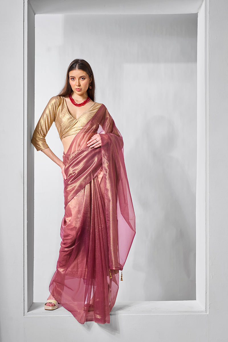 Onion pink and gold tissue net saree for luxury party wear