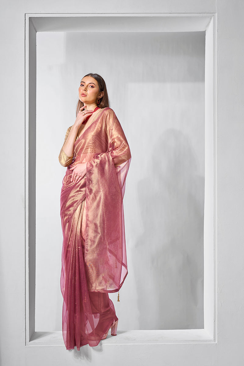 Onion Pink Gold Tissue Net Party Wear Saree