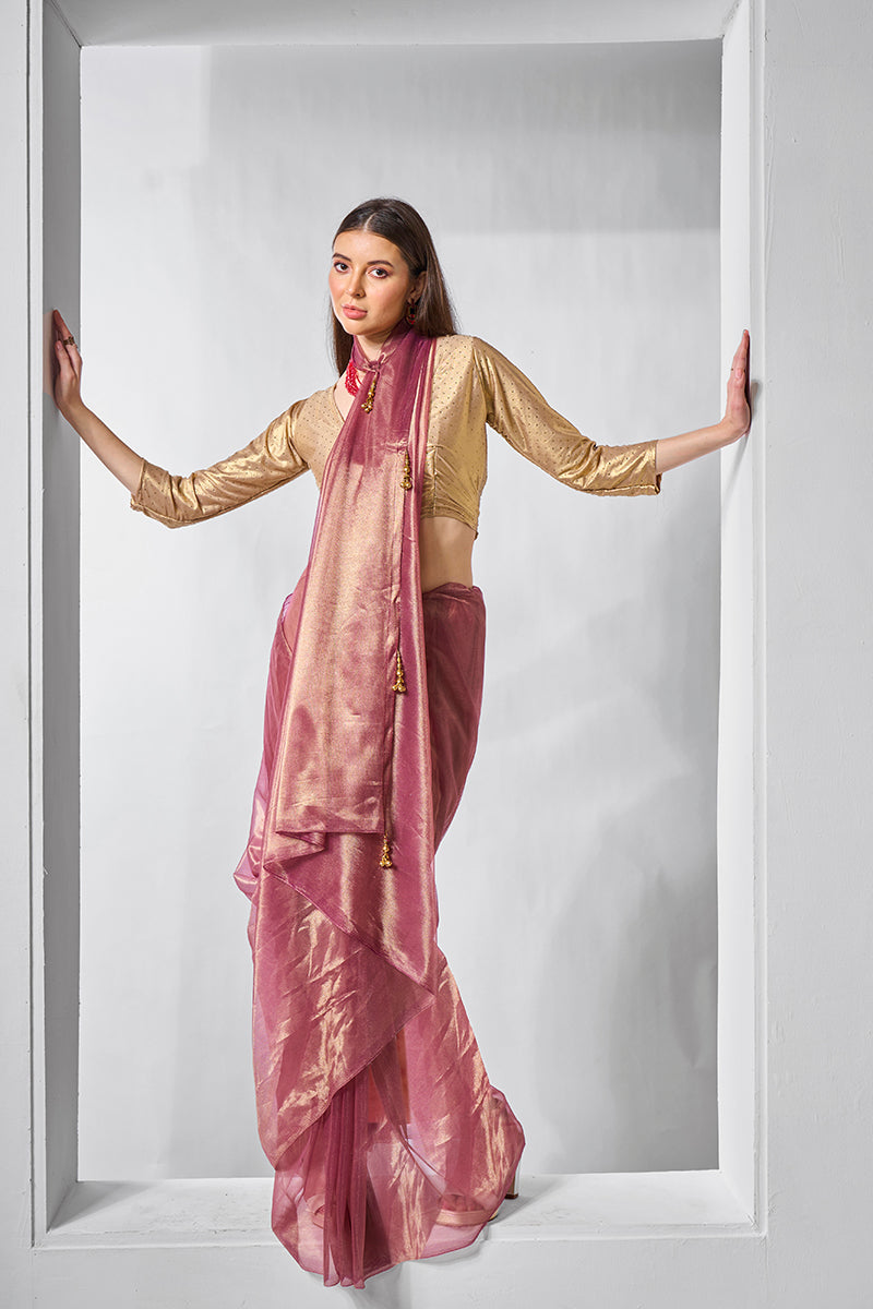 Onion Pink Gold Tissue Net Party Wear Saree
