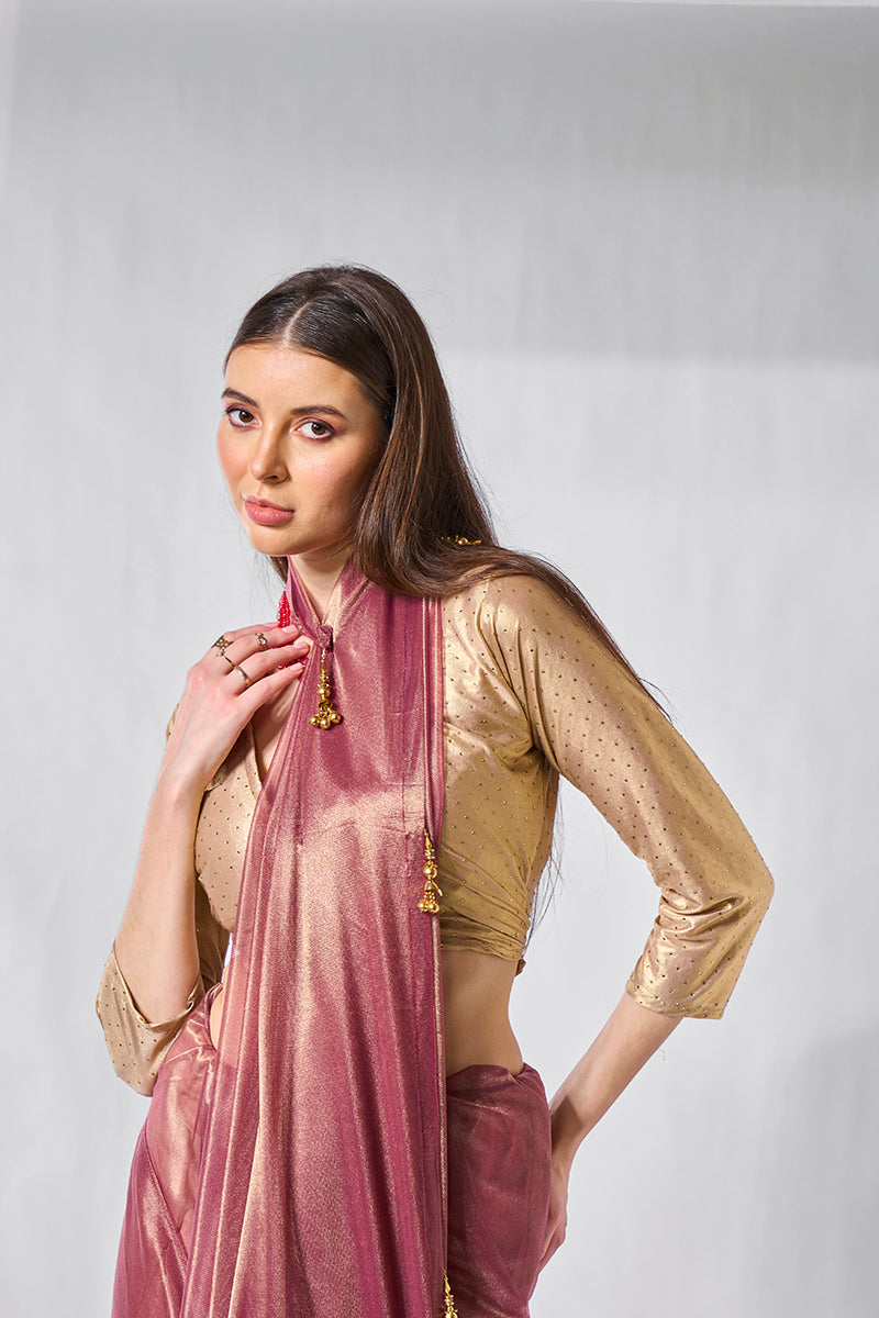Onion Pink Gold Tissue Net Party Wear Saree
