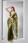 Green and gold tissue net fancy party wear saree