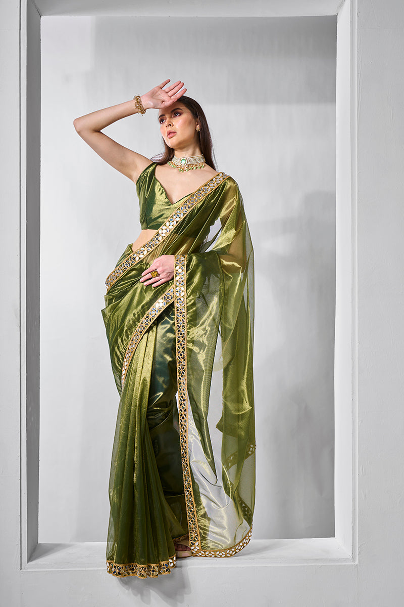 Green and gold tissue net fancy party wear saree
