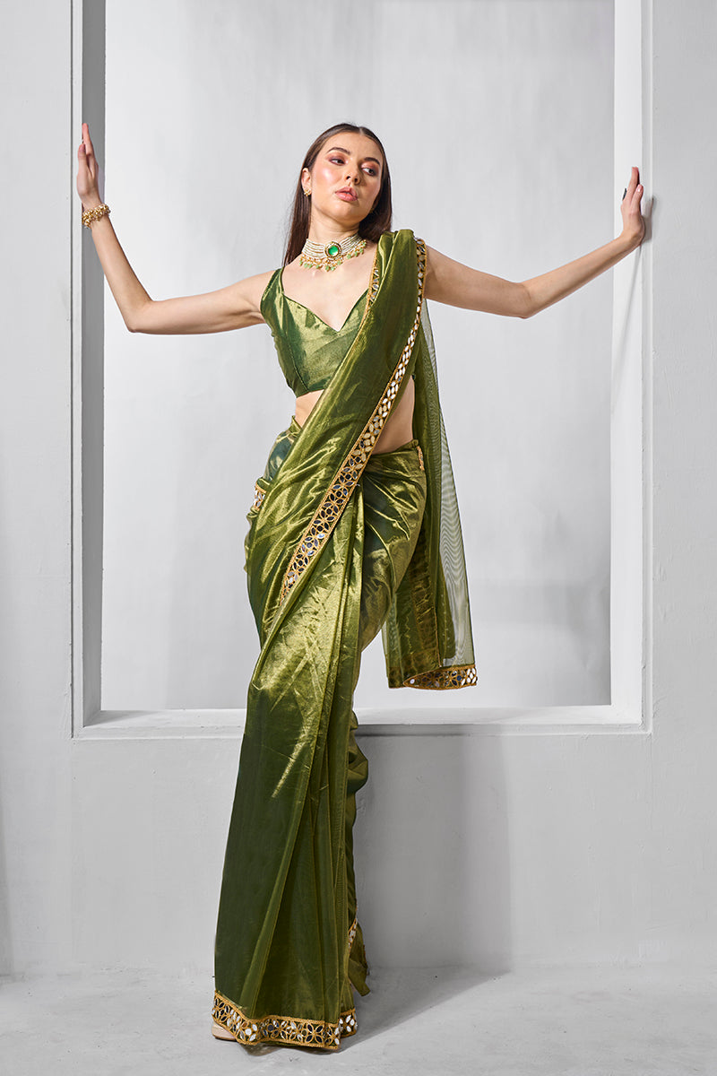 Green Gold Tissue Net Fancy Party Wear Saree with Sheer Drape
