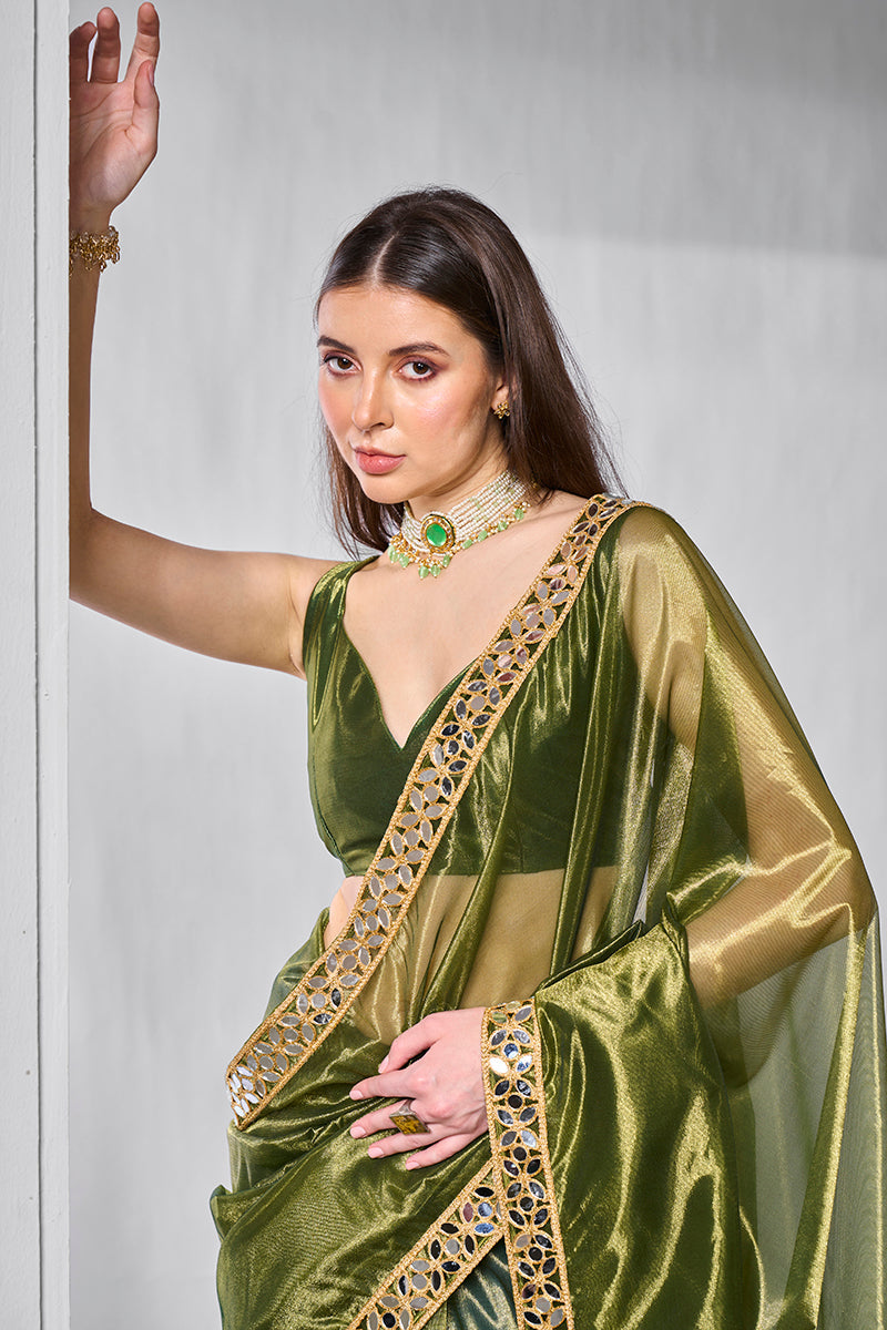Green Gold Tissue Net Fancy Party Wear Saree with Sheer Drape