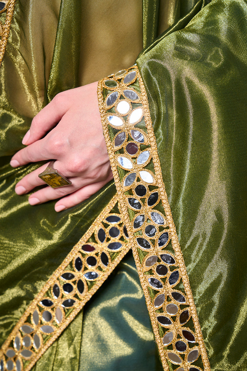 Green Gold Tissue Net Fancy Party Wear Saree with Sheer Drape
