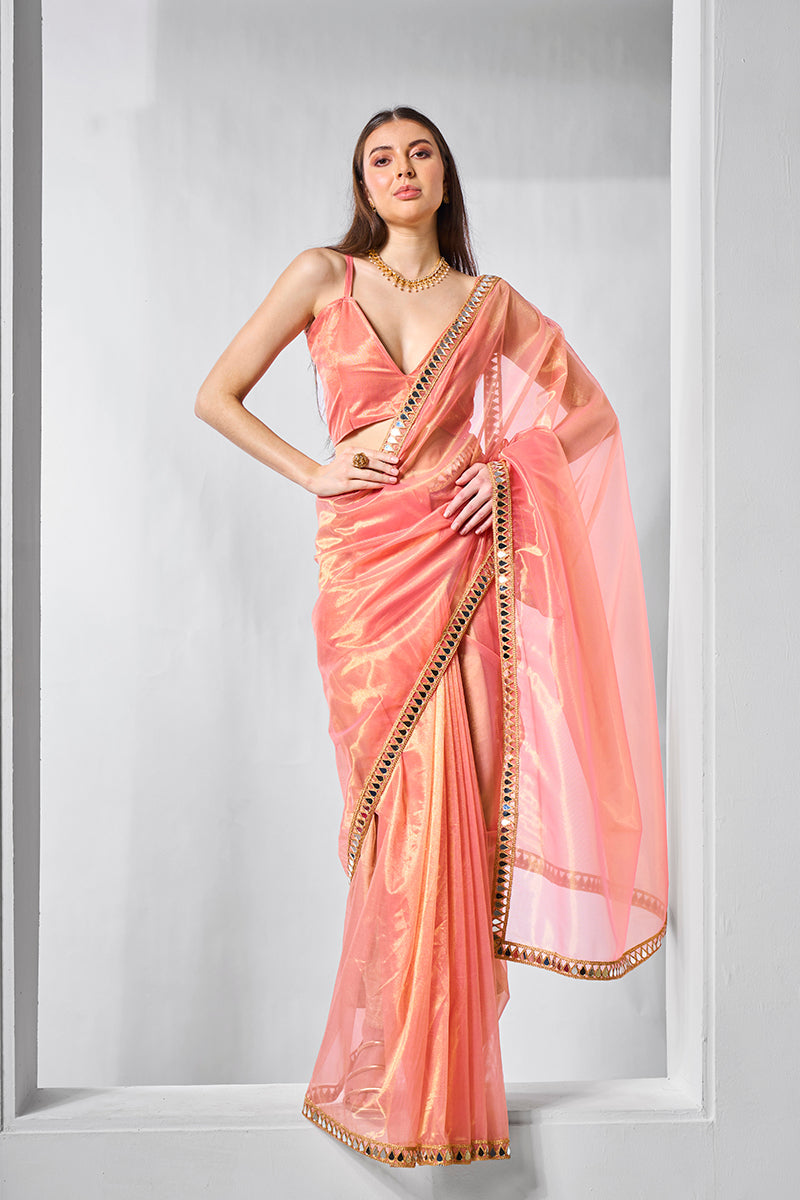 Peach Gold Tissue Net Saree with intricate embroidery for party wear