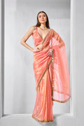 Peach Gold Tissue Net Saree with intricate embroidery for party wear