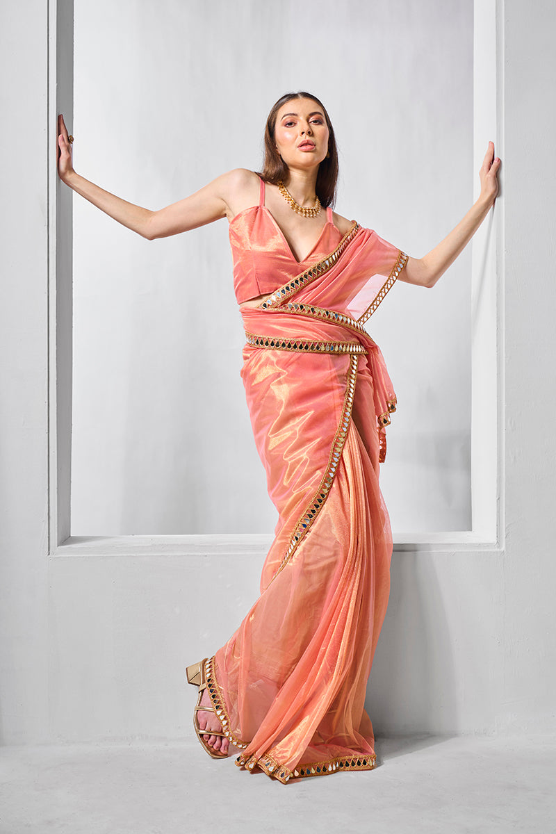 Peach Gold Tissue Net Party Wear Saree with Fancy Embroidery