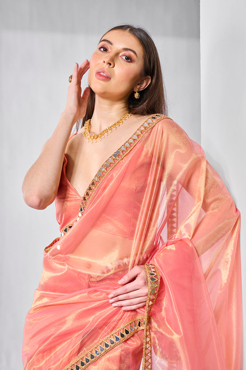 Peach Gold Tissue Net Party Wear Saree with Fancy Embroidery