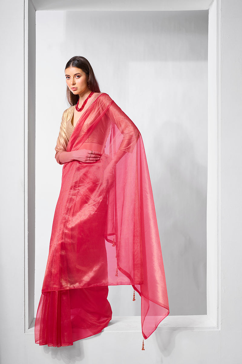 Red Gold Tissue Net Fancy Saree for Festive Party Wear