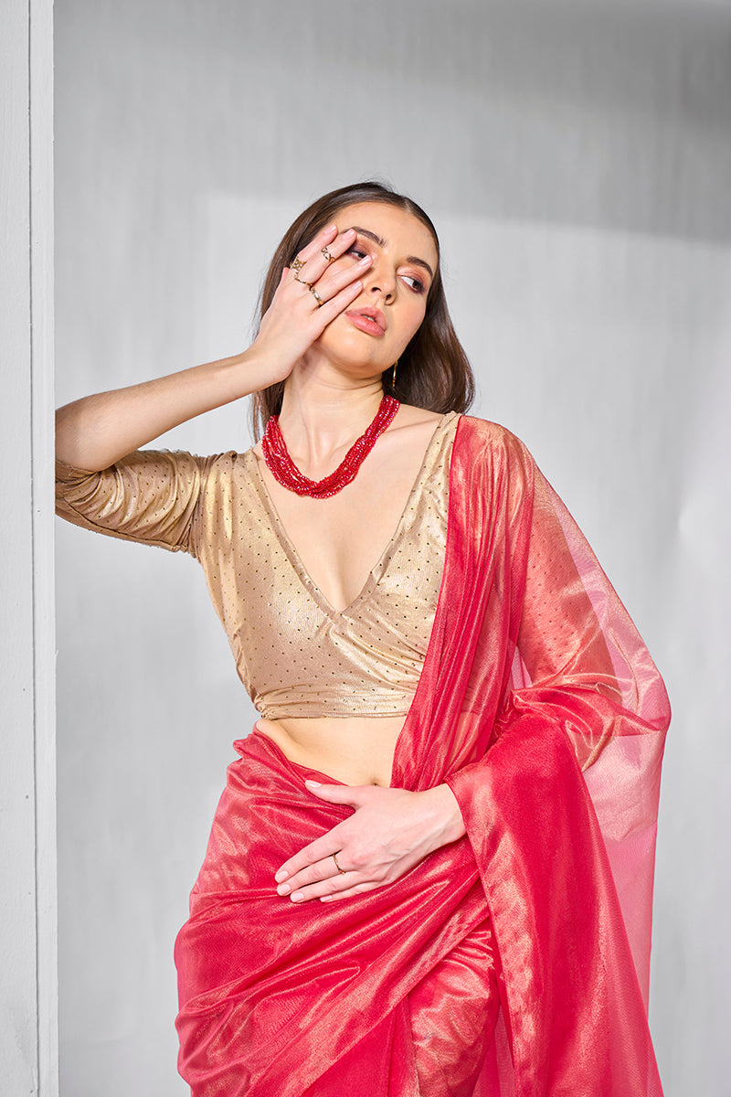 Red Gold Tissue Net Fancy Saree for Festive Party Wear