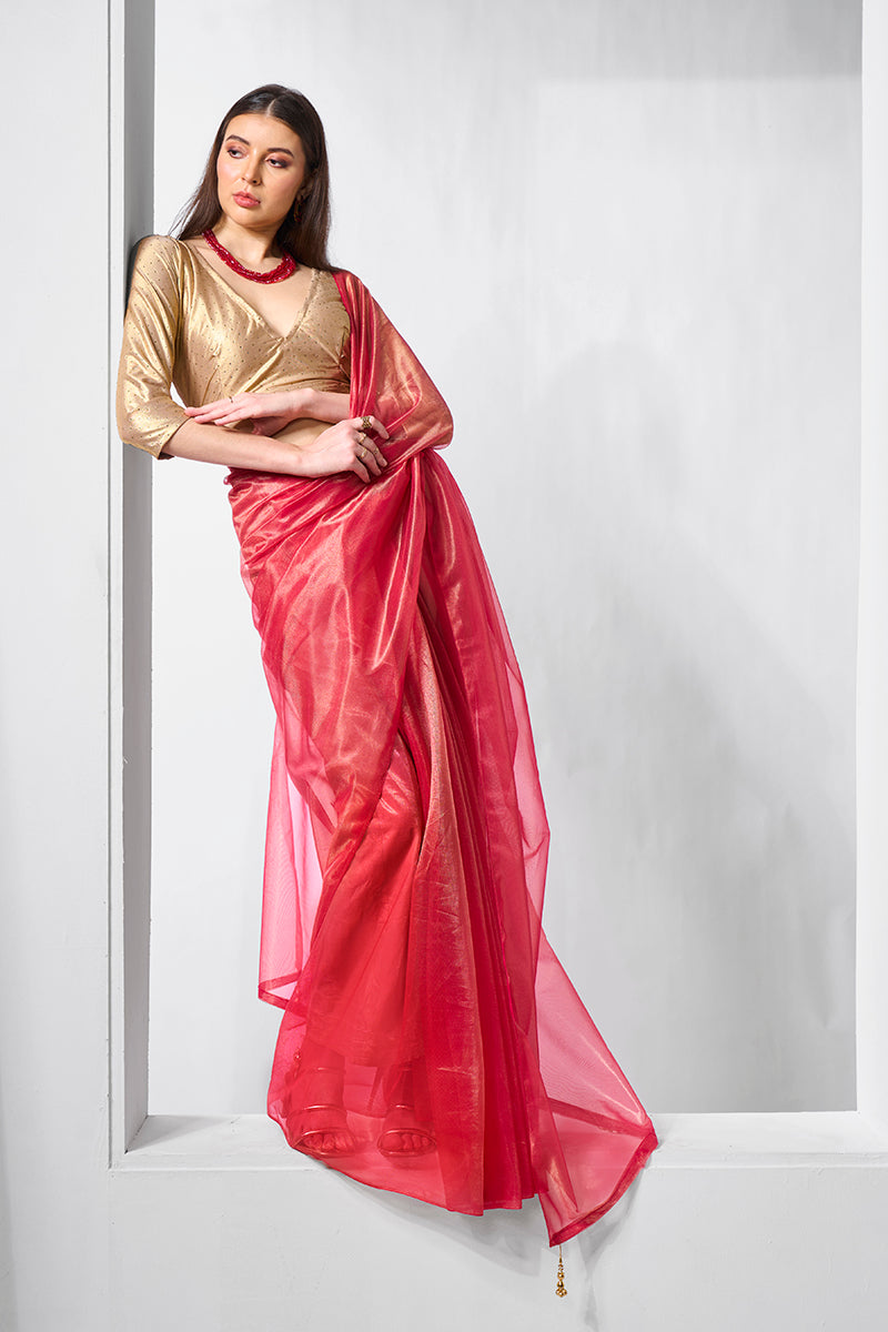 Red Gold Tissue Net Fancy Saree for Festive Party Wear