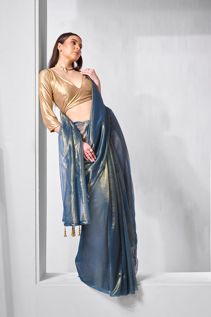 Blue Gold Tissue Net Fancy Party Wear Saree