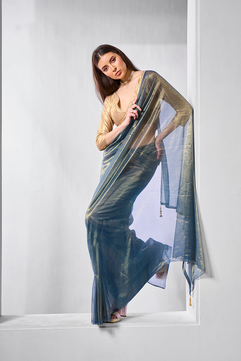 Blue Gold Tissue Net Fancy Party Wear Saree