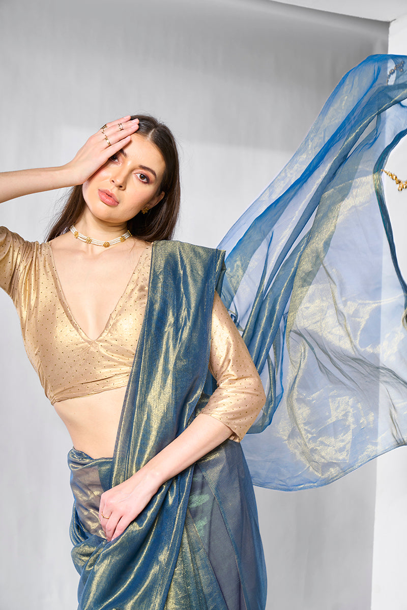 Blue Gold Tissue Net Fancy Party Wear Saree