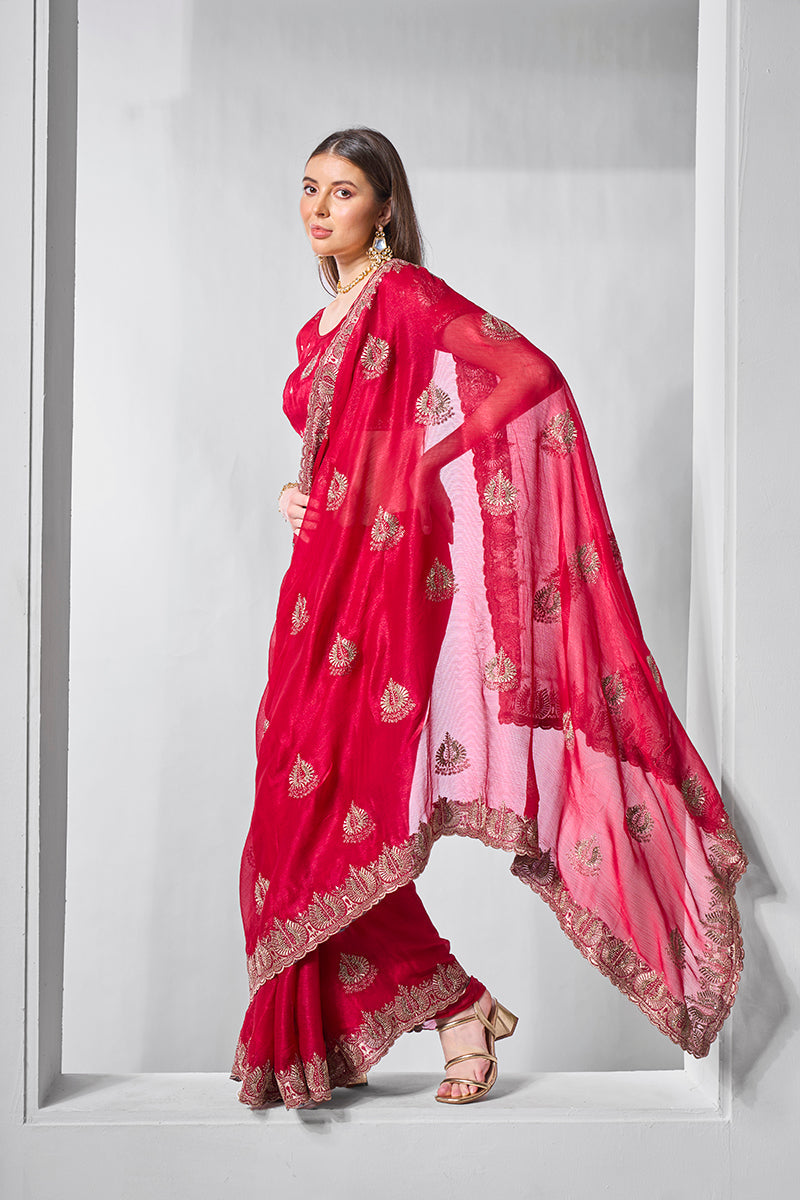 Rani Pink Chiffon Saree with Gold Embroidery for Traditional Wear