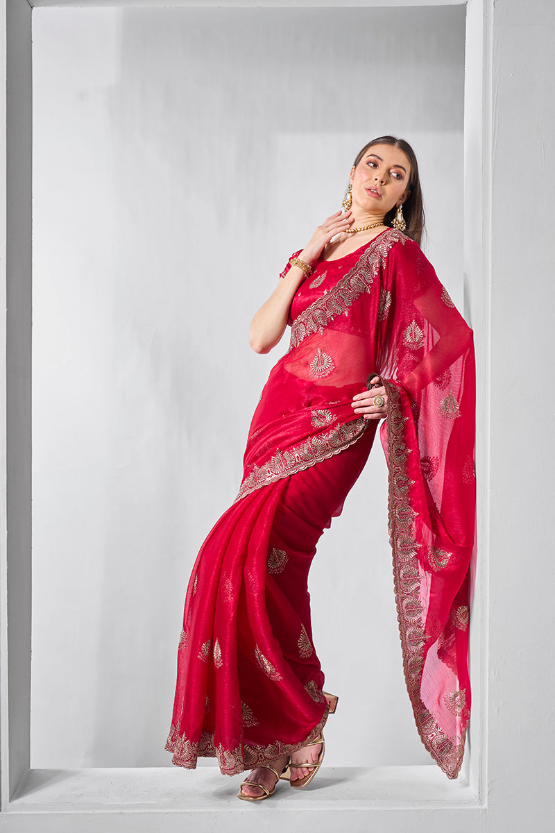Rani Pink Chiffon Saree with Gold Embroidery for Traditional Wear