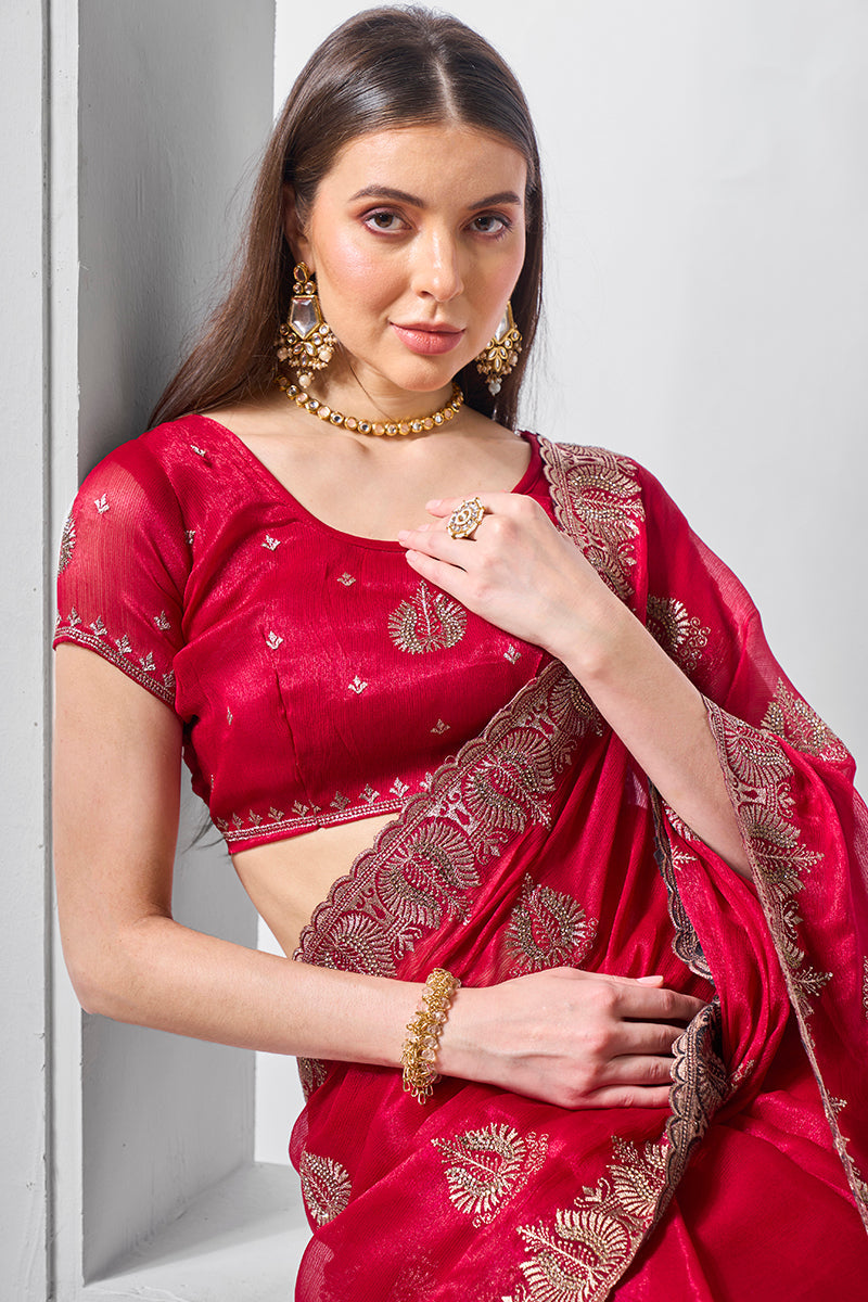 Rani Pink Chiffon Saree with Gold Embroidery for Traditional Wear