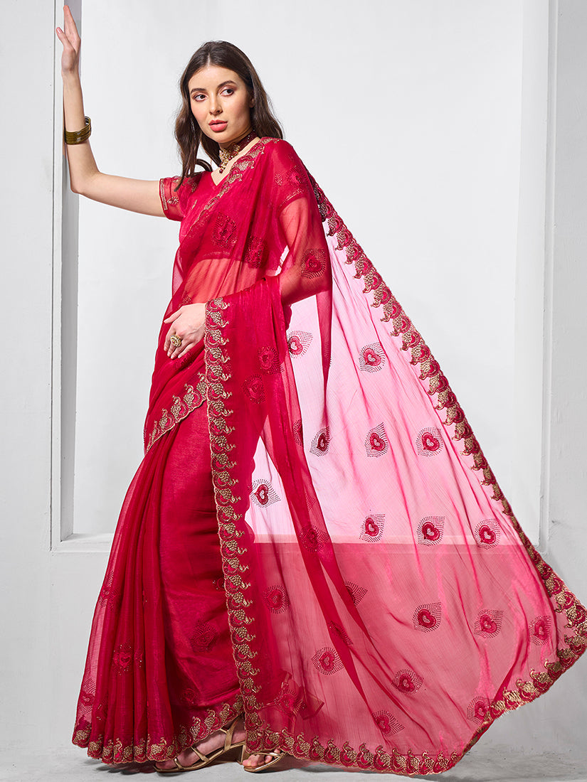 Rani Pink Chiffon Shimmer Saree with Gold Embroidery for Formal