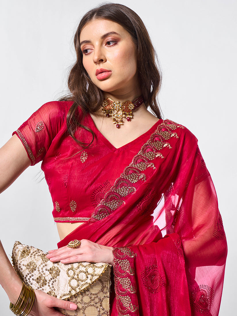 Rani Pink Chiffon Shimmer Saree with Gold Embroidery for Formal